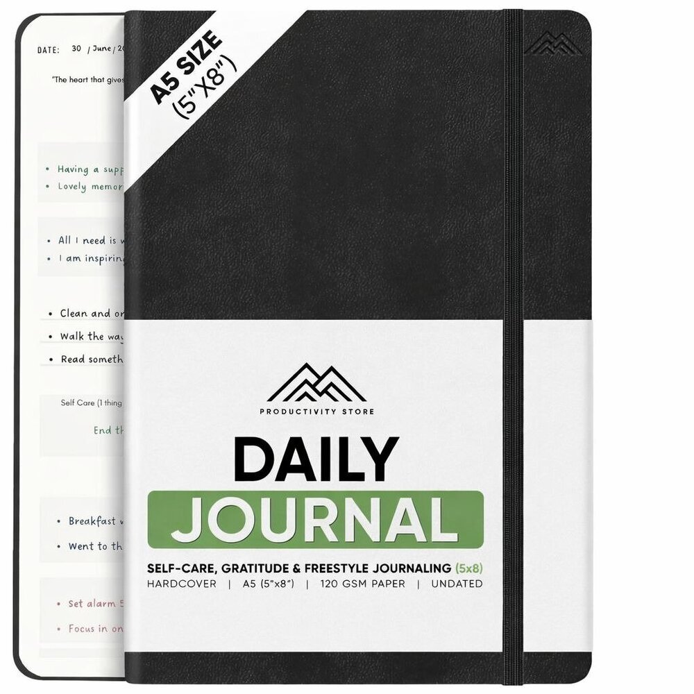 Daily Gratitude Journal A5 Undated Self Care Planner w/ Prompts Black